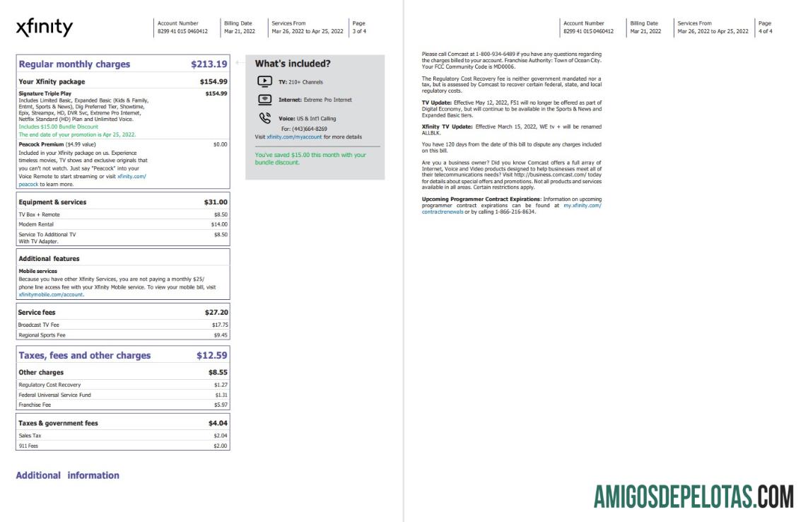 imprimível Modelo Word e PDF de conta de serviços públicos Filadélfia Xfinity dos EUA, 4 páginas 3 4